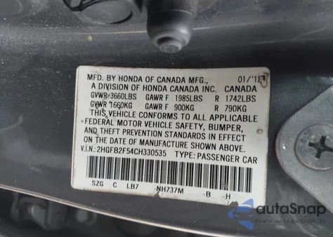 2012 Honda Civic Lx z USA, uszkodzony, nr VIN 2HGFB2F54CH330535